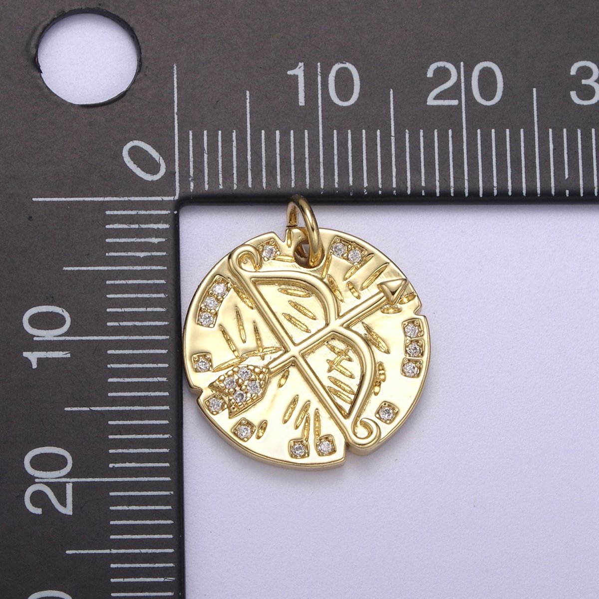 14K Gold Filled Micro Paved CZ Archery Arrow Rustic Coin Charm N-261 - DLUXCA
