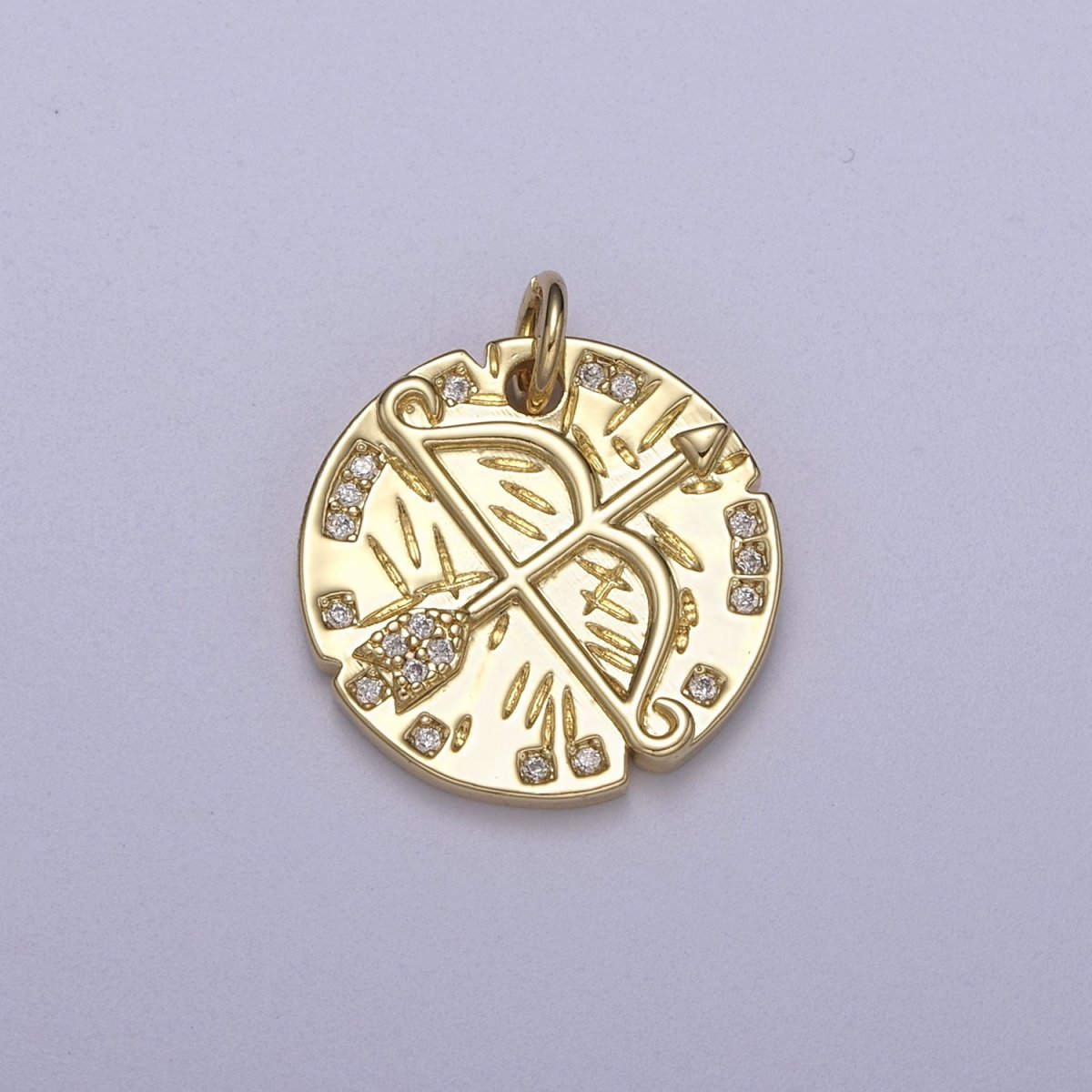 14K Gold Filled Micro Paved CZ Archery Arrow Rustic Coin Charm N-261 - DLUXCA