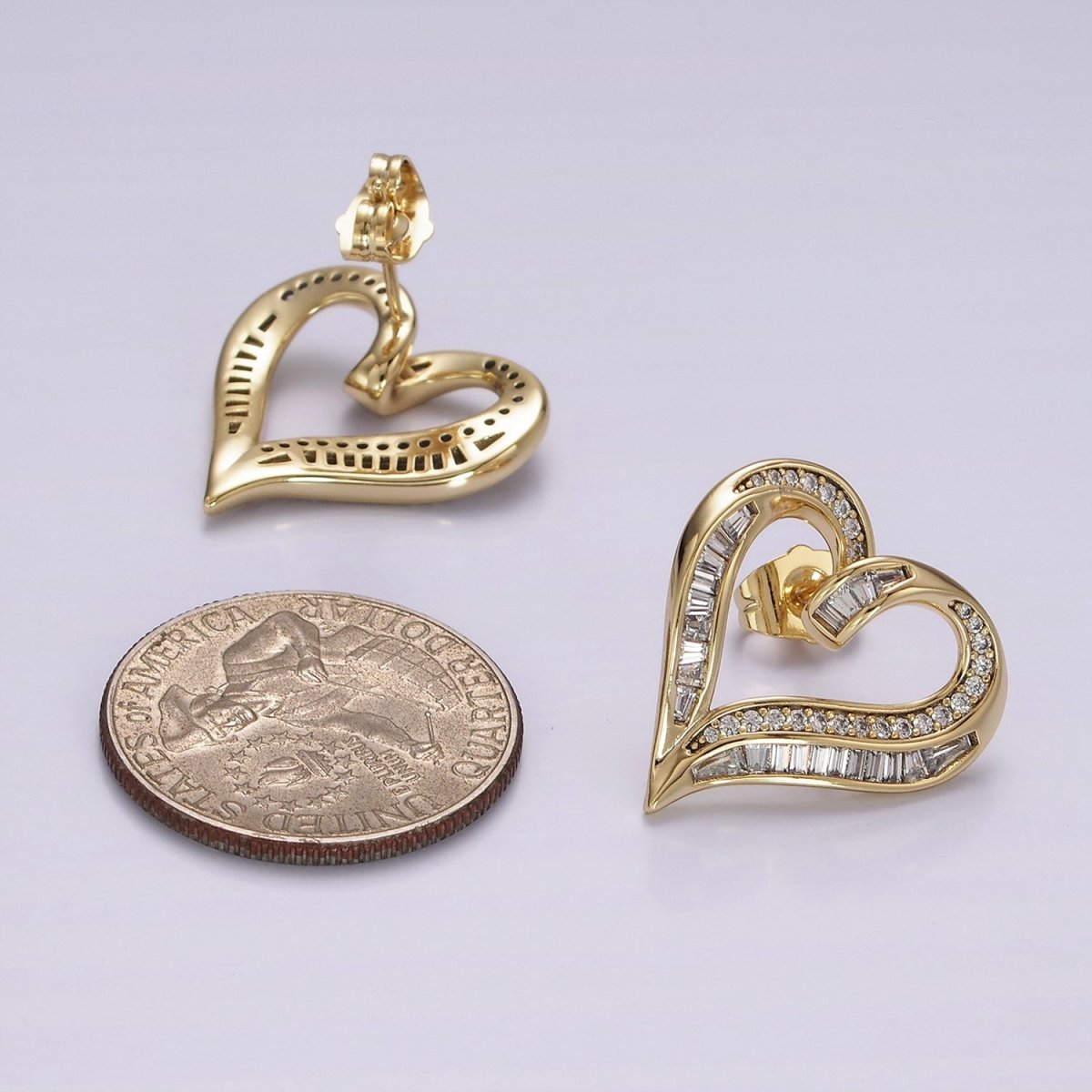 14K Gold Filled Micro Paved CZ Baguette Lined Open Heart Stud Earrings | AE400 - DLUXCA