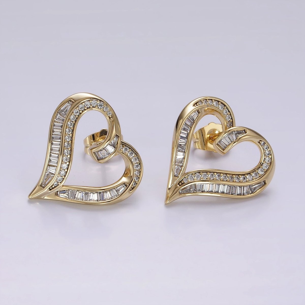 14K Gold Filled Micro Paved CZ Baguette Lined Open Heart Stud Earrings | AE400 - DLUXCA