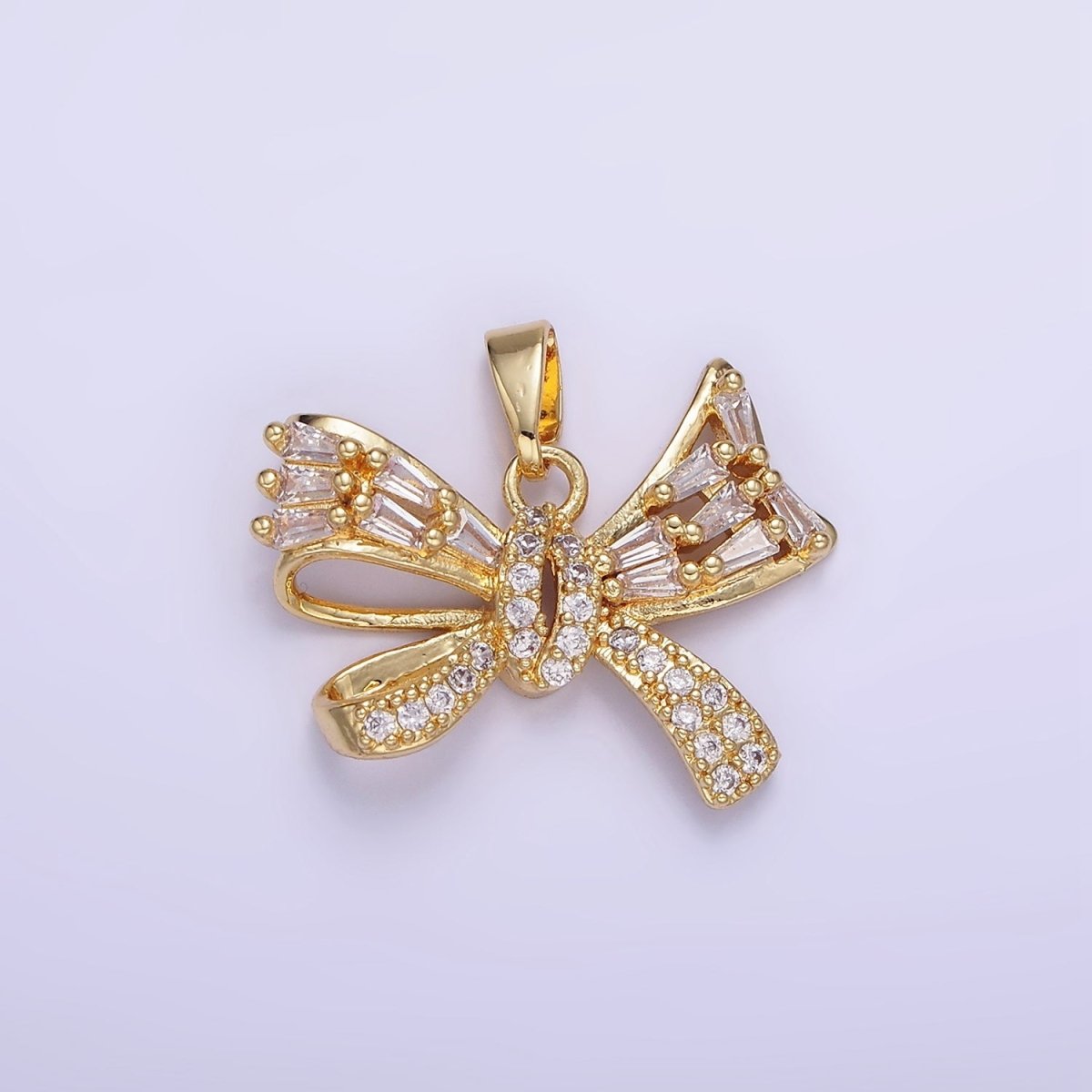 14K Gold Filled Micro Paved CZ Baguette Ribbon Bow Pendant in Gold & Silver | AA1156 - DLUXCA