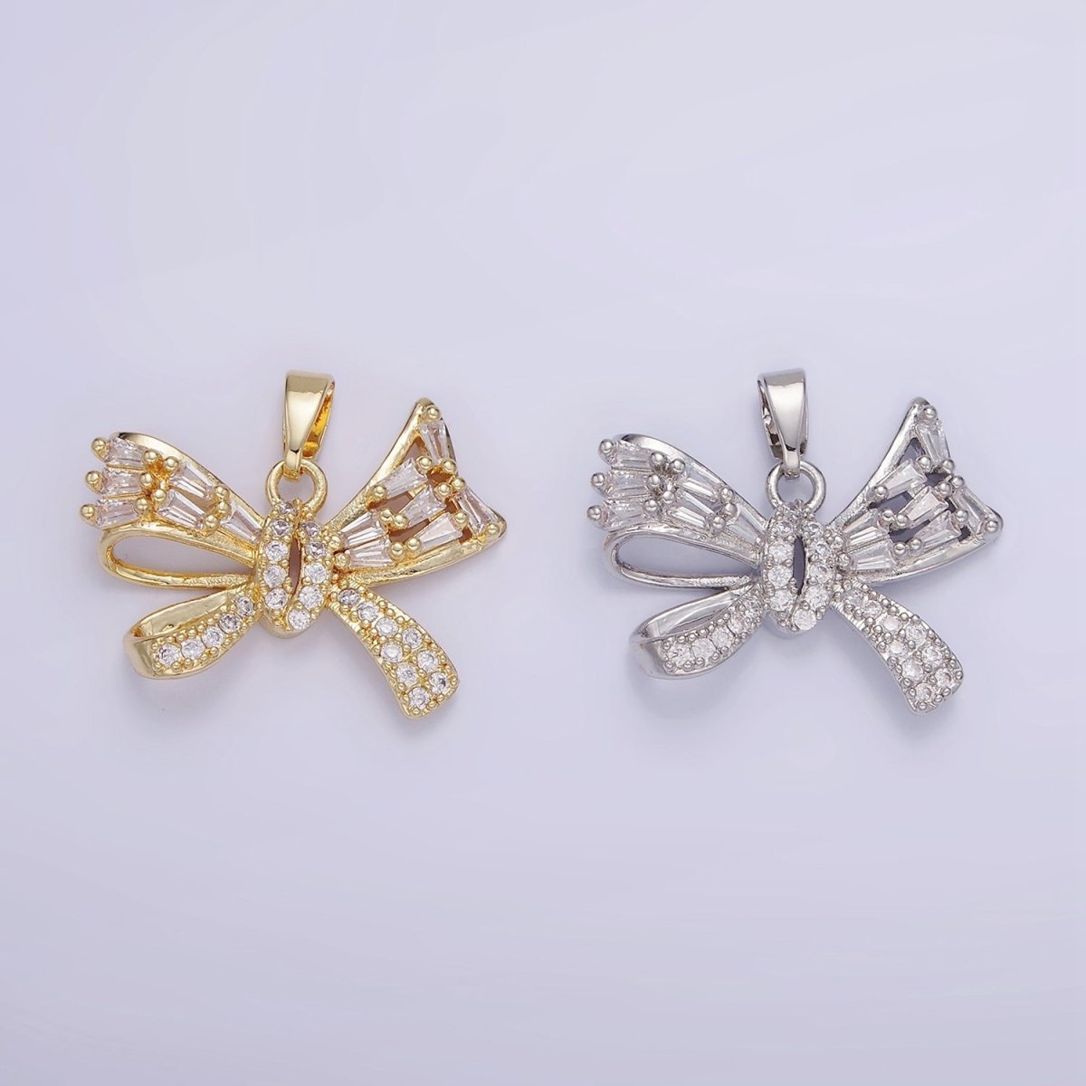 14K Gold Filled Micro Paved CZ Baguette Ribbon Bow Pendant in Gold & Silver | AA1156 - DLUXCA