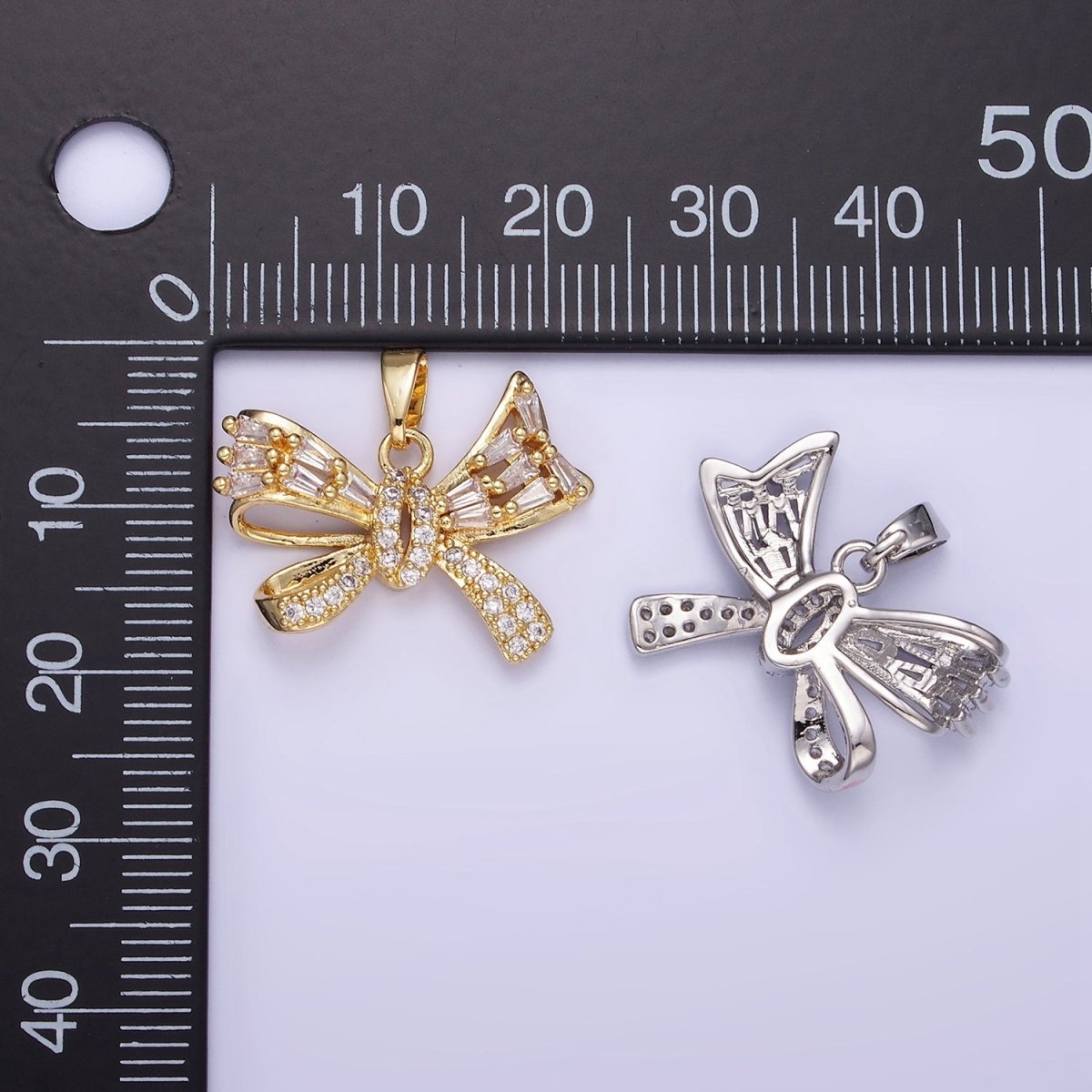 14K Gold Filled Micro Paved CZ Baguette Ribbon Bow Pendant in Gold & Silver | AA1156 - DLUXCA