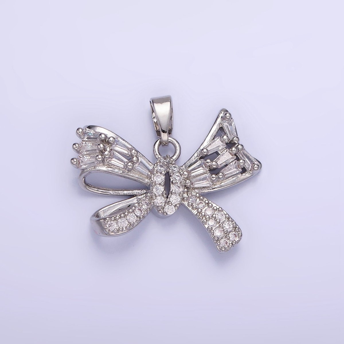 14K Gold Filled Micro Paved CZ Baguette Ribbon Bow Pendant in Gold & Silver | AA1156 - DLUXCA