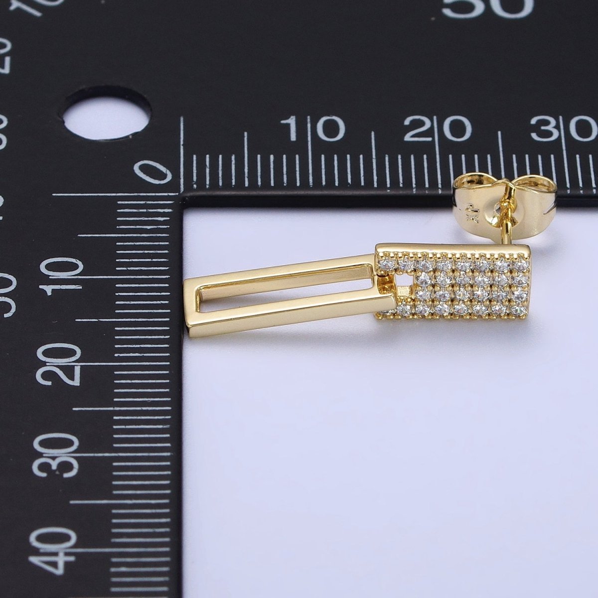 14K Gold Filled Micro Paved CZ Bar Rectangle Drop Dangle Stud Earrings | AB265 - DLUXCA