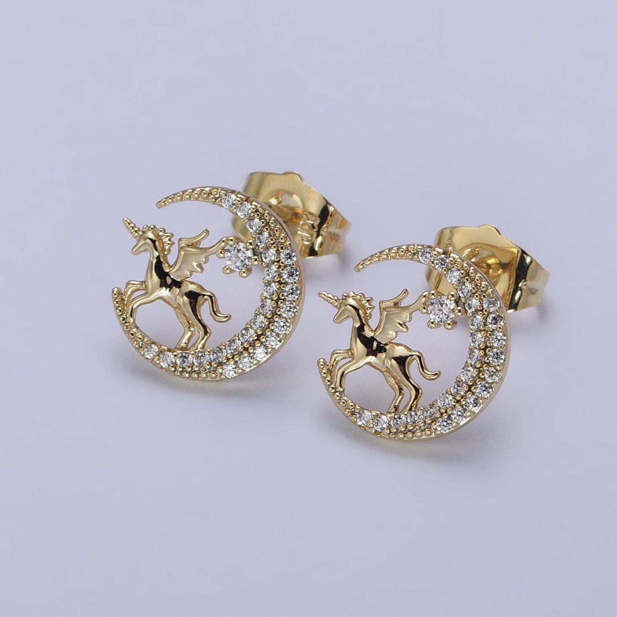 14K Gold Filled Micro Paved CZ Celestial Crescent Moon Pegasus Stud Earrings | AB327 - DLUXCA