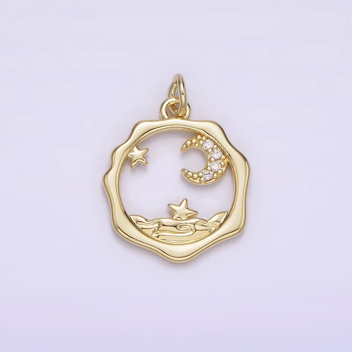 14K Gold Filled Micro Paved CZ Celestial Stars Crescent Moon Sea Open Wavy Round Charm | AG279 - DLUXCA