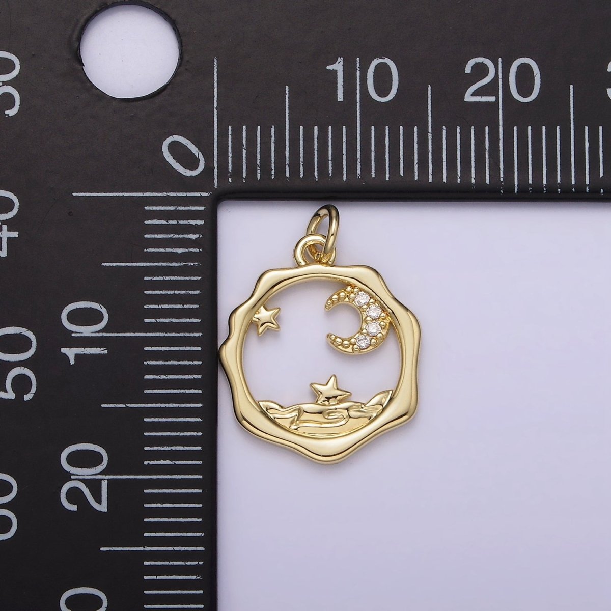 14K Gold Filled Micro Paved CZ Celestial Stars Crescent Moon Sea Open Wavy Round Charm | AG279 - DLUXCA