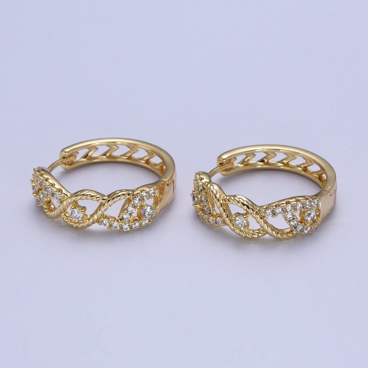 14K Gold Filled Micro Paved CZ Curb Twisted Rope Huggie Hoop Earrings | Y-012 - DLUXCA