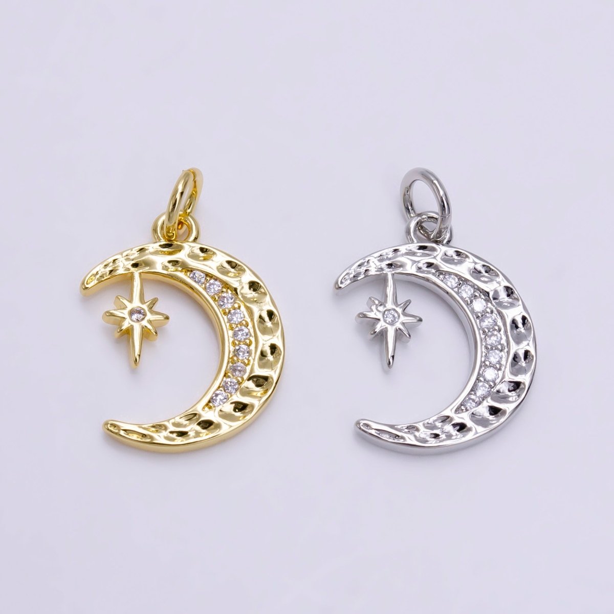 14K Gold Filled Micro Paved CZ Dented Celestial Crescent Moon Star Charm in Gold & Silver | AG491 AG492 - DLUXCA