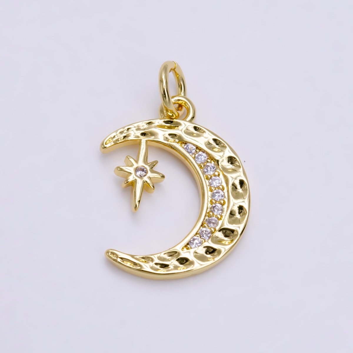 14K Gold Filled Micro Paved CZ Dented Celestial Crescent Moon Star Charm in Gold & Silver | AG491 AG492 - DLUXCA