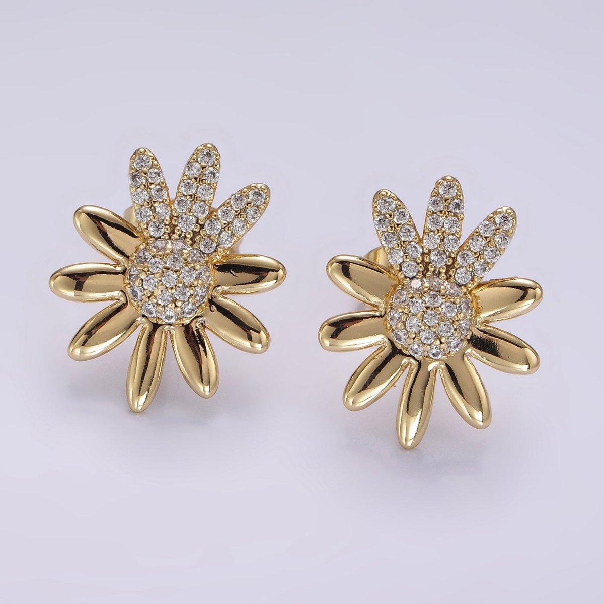 14K Gold Filled Micro Paved CZ Flower Petal Stud Earrings | AB1126 - DLUXCA