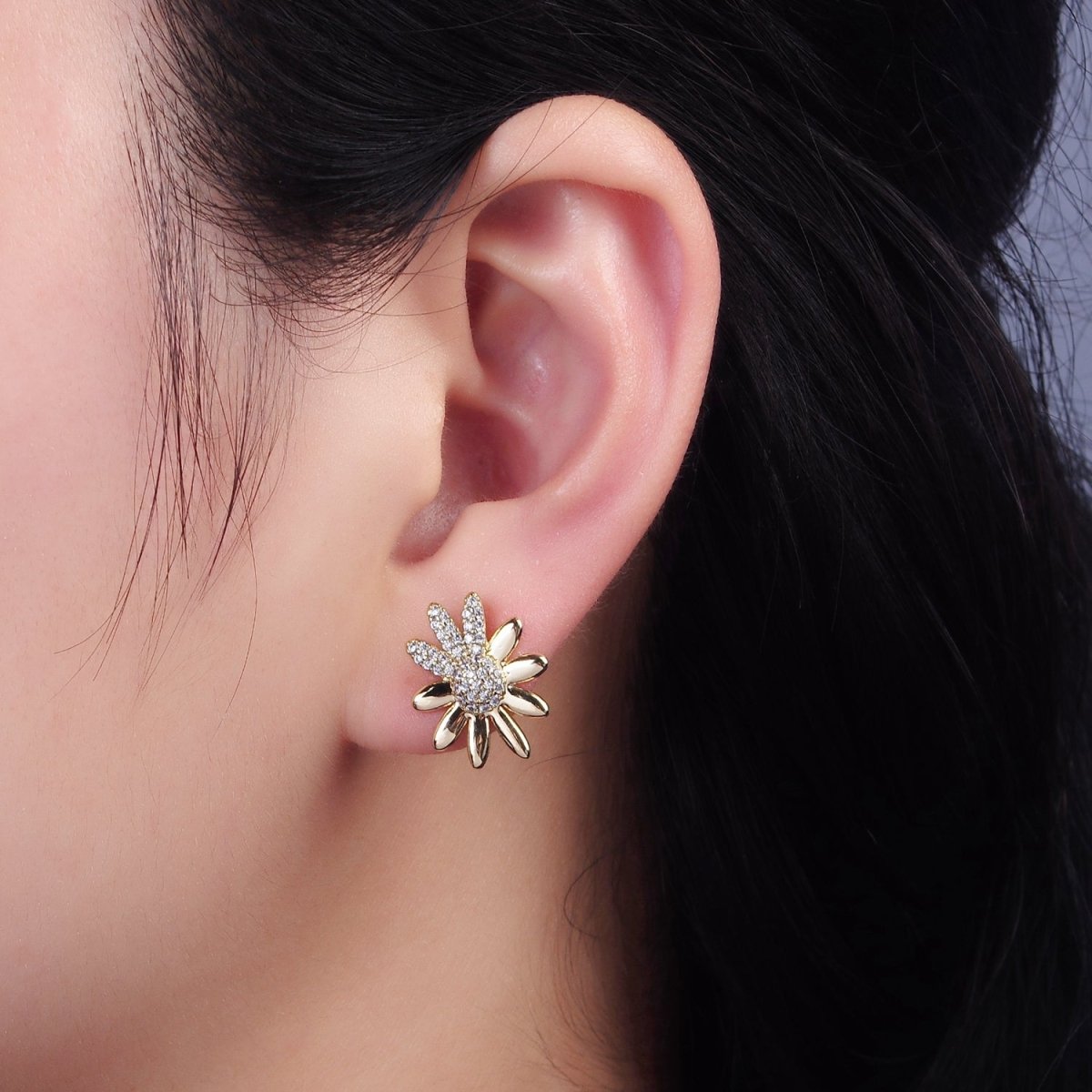14K Gold Filled Micro Paved CZ Flower Petal Stud Earrings | AB1126 - DLUXCA