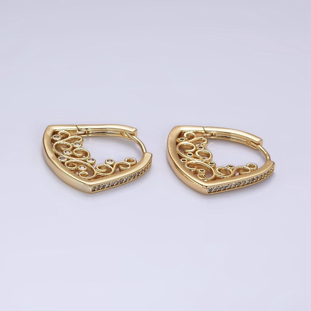 14K Gold Filled Micro Paved CZ Geometric Filigree Hoop Earrings | AE933 - DLUXCA