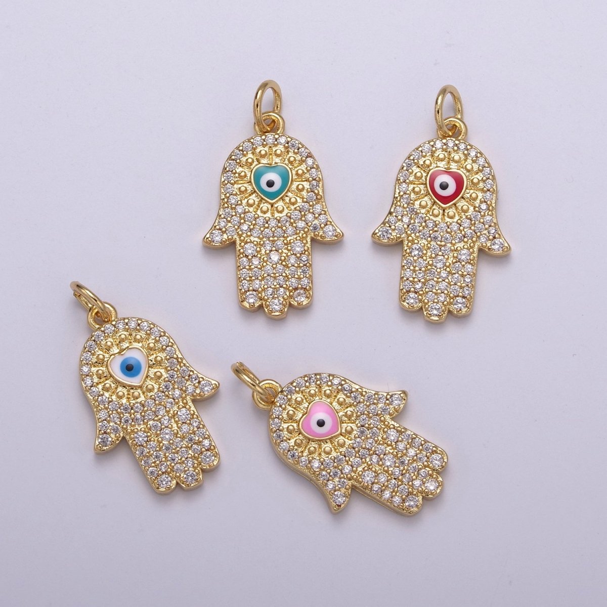 14K Gold Filled Micro Paved CZ Hamsa Hand Evil Eye Enamel Charm N-216 - N-219 - DLUXCA