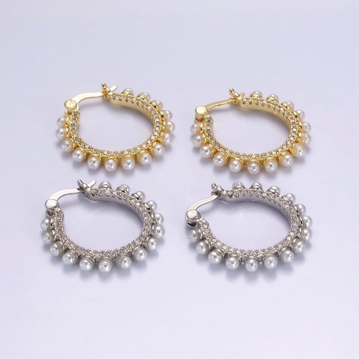 14K Gold Filled Micro Paved CZ Pearl Dotted Latch Hoop Earrings in Gold & Silver | AE993 AE994 - DLUXCA