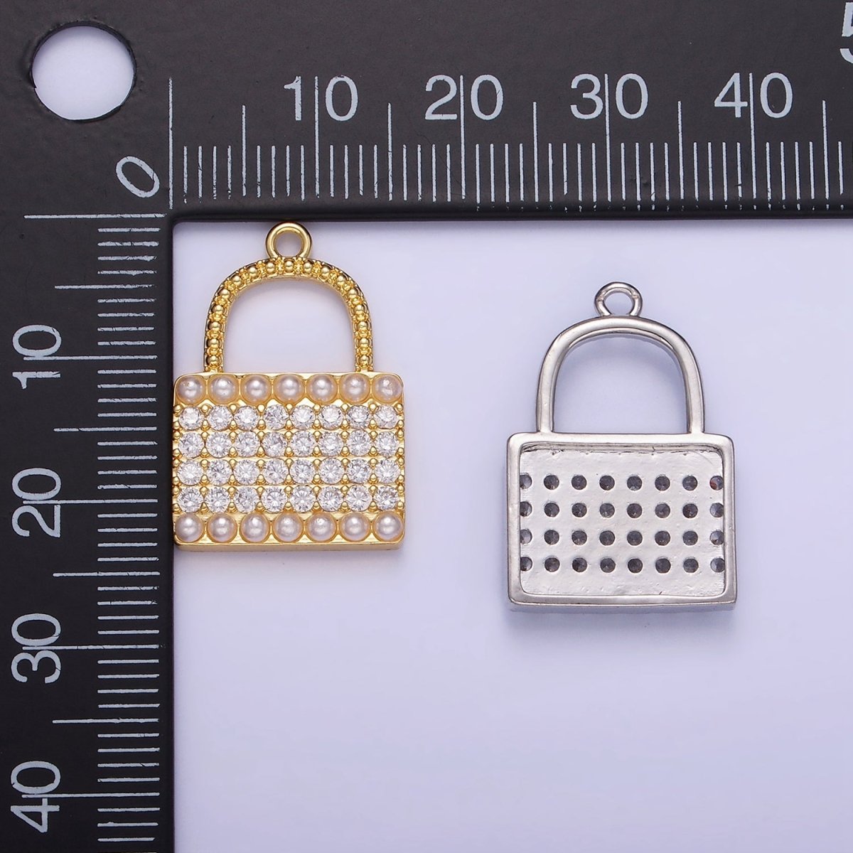 14K Gold Filled Micro Paved CZ Pearl Lined Padlock Charm in Gold & Silver | AG691 - DLUXCA