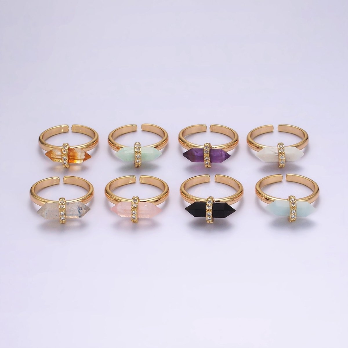 14K Gold Filled Micro Paved CZ Pointed Wand Citrine, Rose Quartz, Aquamarine, Amazonite, Howlite, Amethyst, Labradorite, Onyx Ring | O1035 - O1042 - DLUXCA