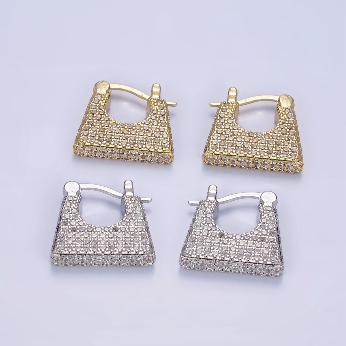 14K Gold Filled Micro Paved CZ Rectangular Latch Hoop Earrings in Gold & Silver | AB1140 AB1141 - DLUXCA