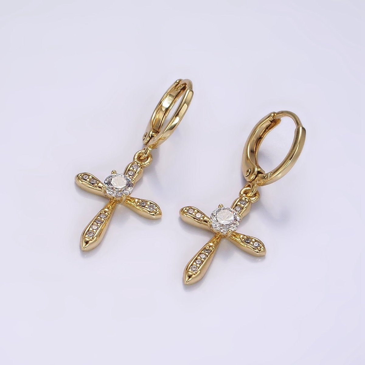 14K Gold Filled Micro Paved CZ Religious Cross Drop Huggie Earrings | AE935 - DLUXCA