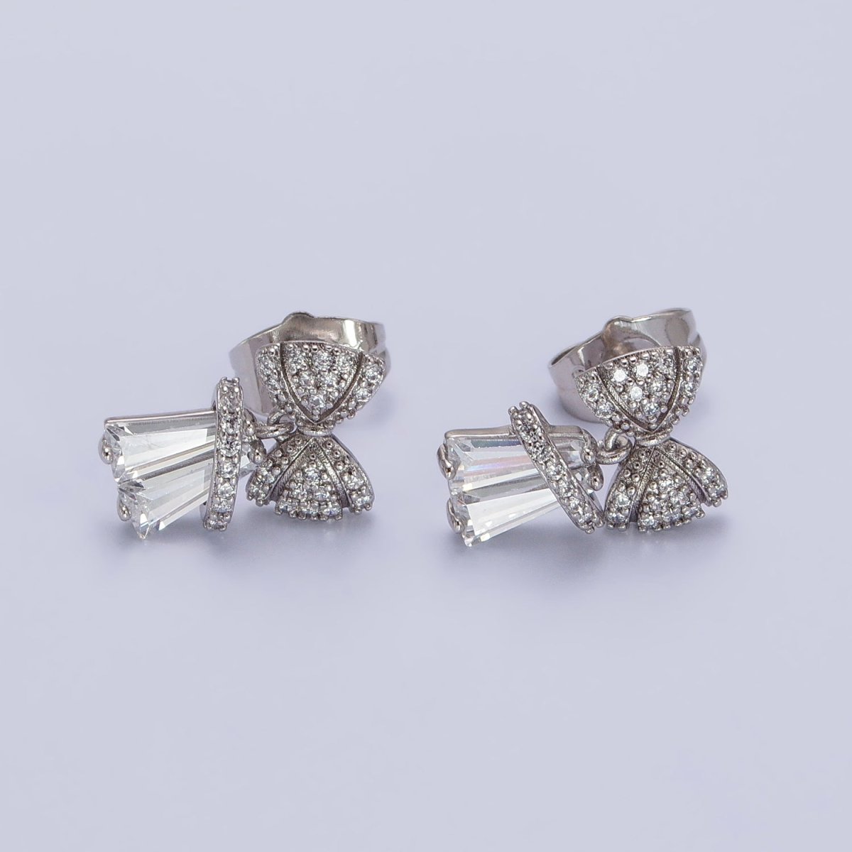 14K Gold Filled Micro Paved CZ Ribbon Bow Clear Baguette Dangle Stud Earrings | AB162 - DLUXCA