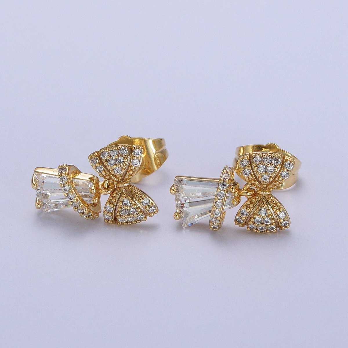 14K Gold Filled Micro Paved CZ Ribbon Bow Clear Baguette Dangle Stud Earrings | AB162 - DLUXCA