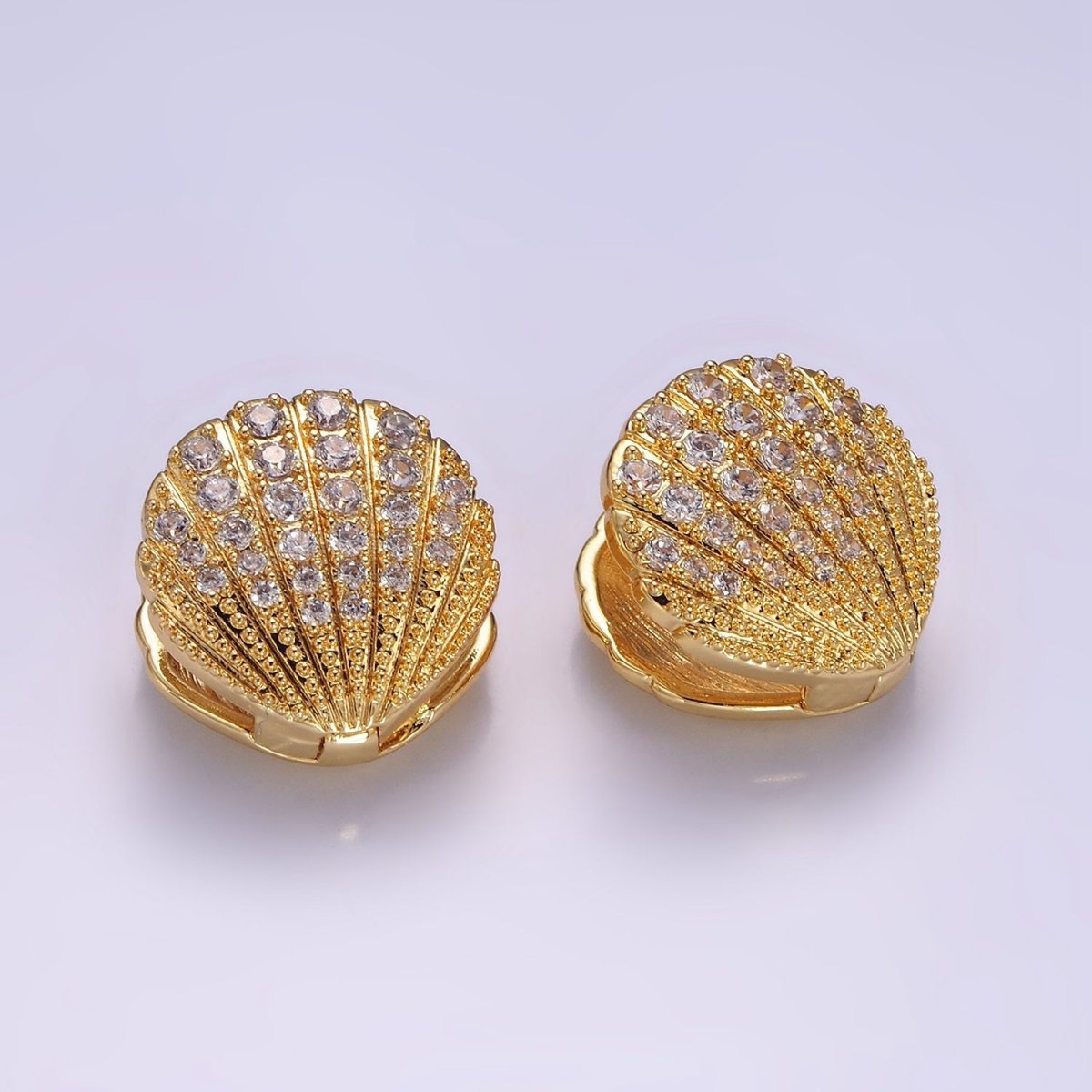 14K Gold Filled Micro Paved CZ Scallop Clam Sea Shell Huggie Earrings | AB1132 - DLUXCA