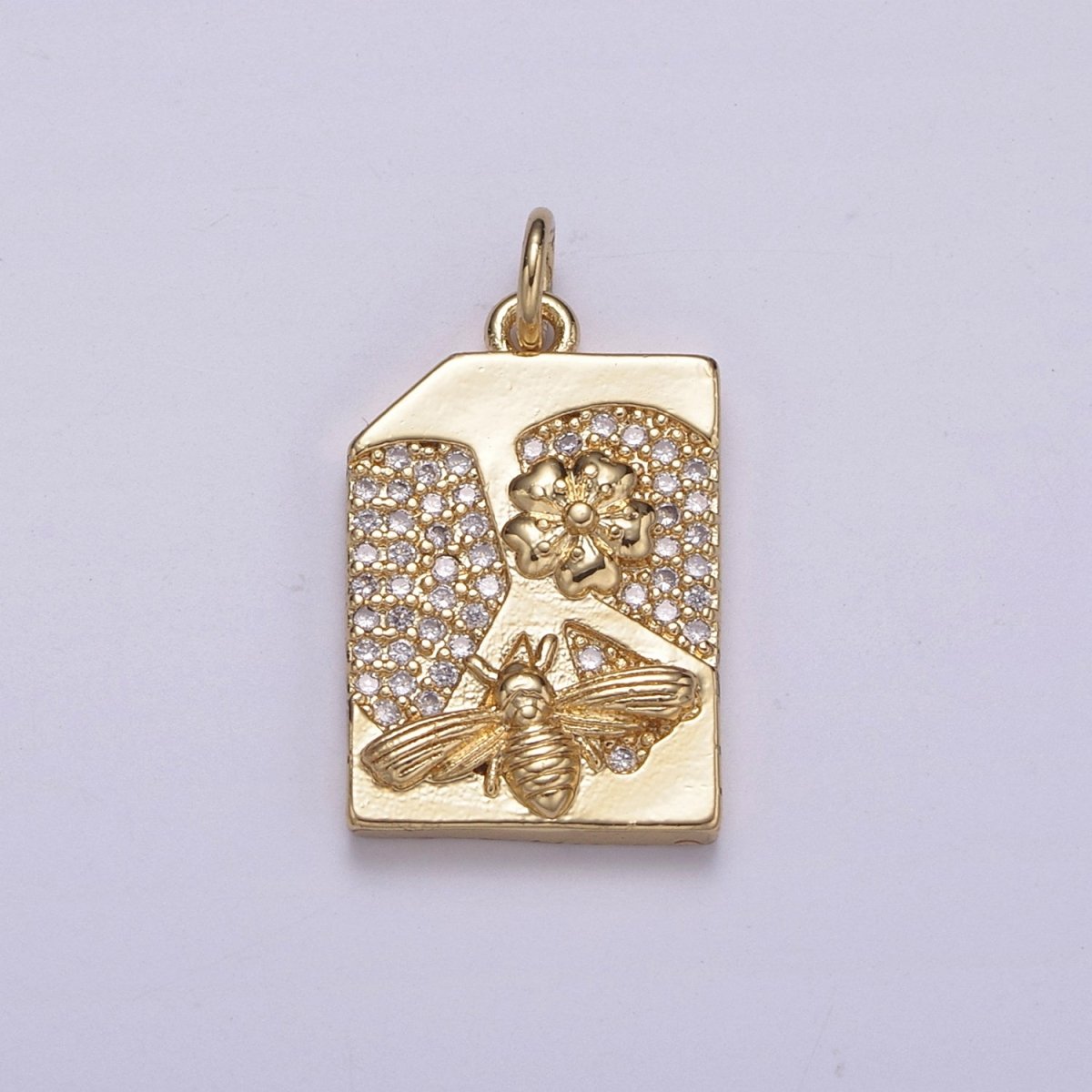 14K Gold Filled Micro Paved CZ Square Sweet Honey Bee Rectangle Tag Charm N-213 - DLUXCA