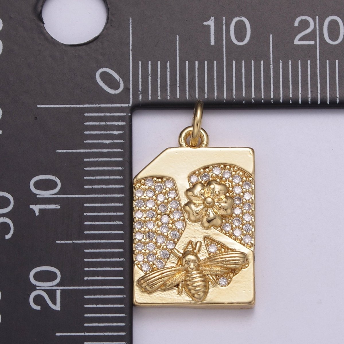 14K Gold Filled Micro Paved CZ Square Sweet Honey Bee Rectangle Tag Charm N-213 - DLUXCA