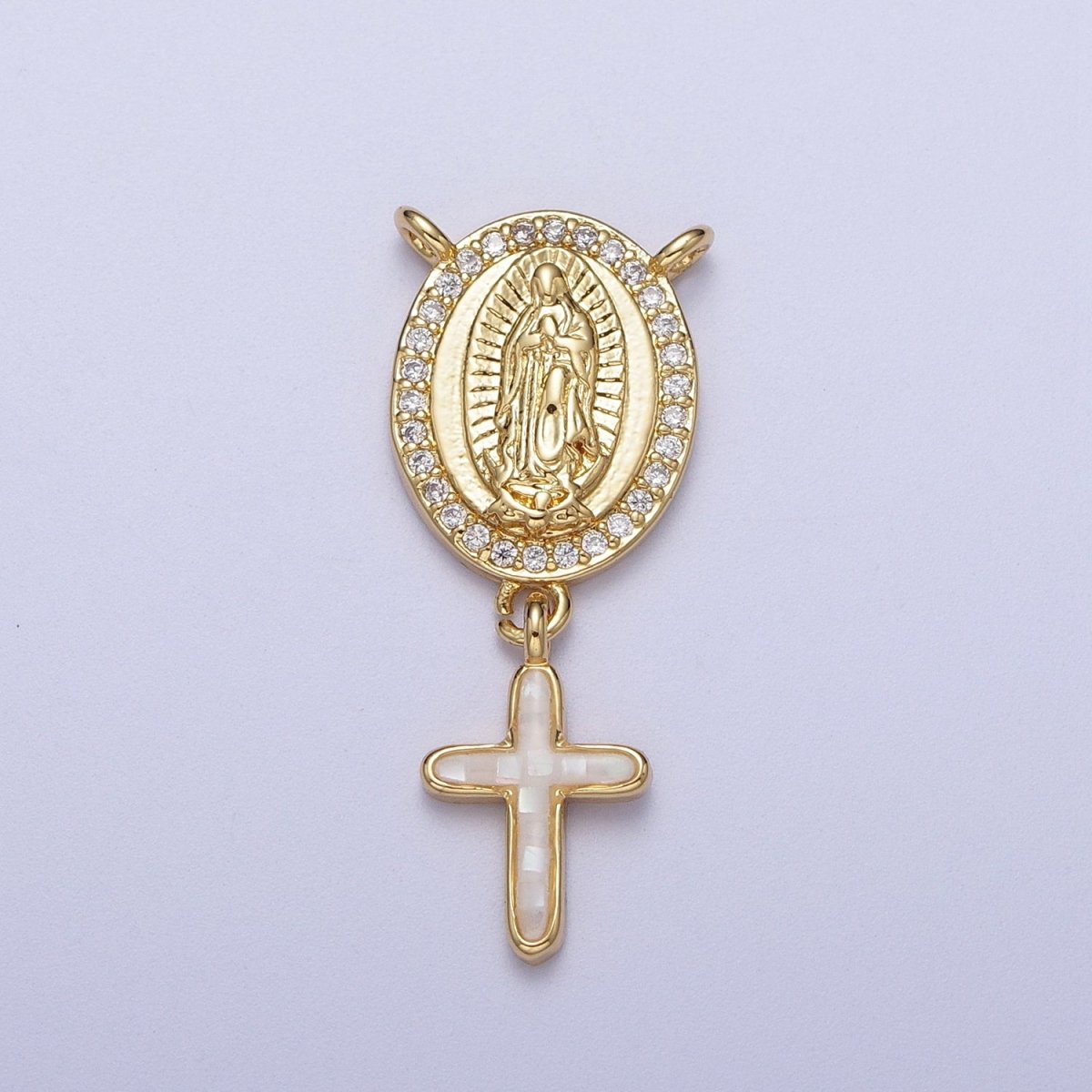 14K Gold Filled Micro Paved Lady Guadalupe Religious Cross Opal Drop Rosary Connector | Y-630~Y-634 - DLUXCA