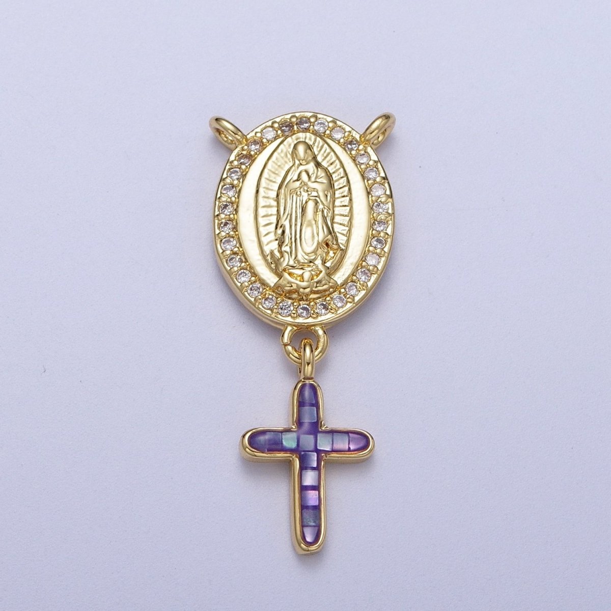 14K Gold Filled Micro Paved Lady Guadalupe Religious Cross Opal Drop Rosary Connector | Y-630~Y-634 - DLUXCA