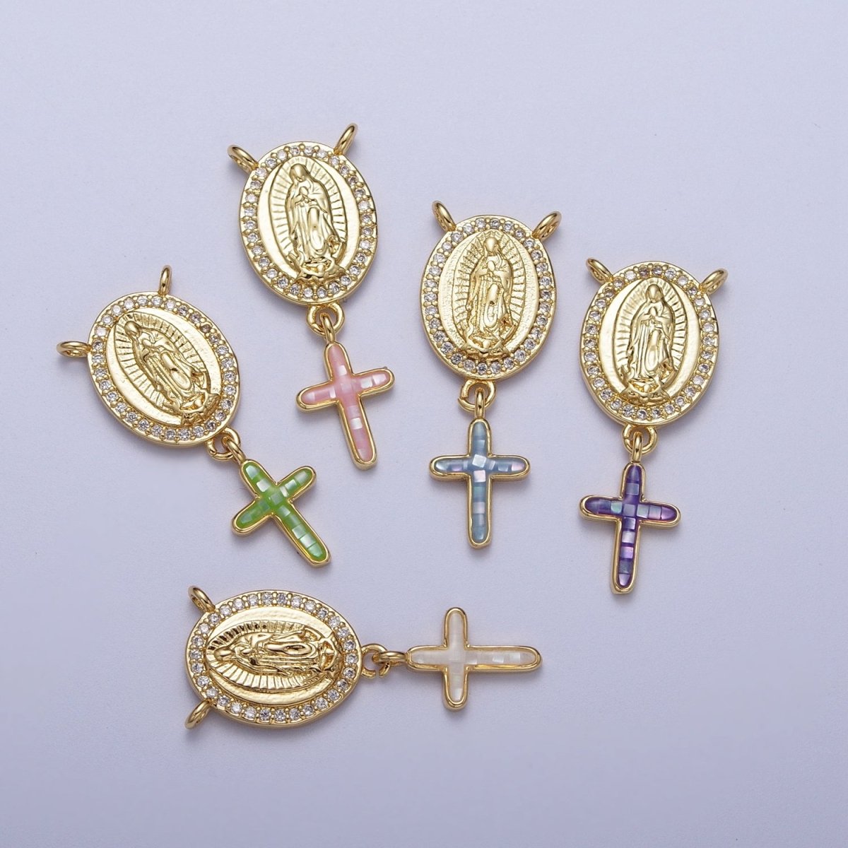 14K Gold Filled Micro Paved Lady Guadalupe Religious Cross Opal Drop Rosary Connector | Y-630~Y-634 - DLUXCA