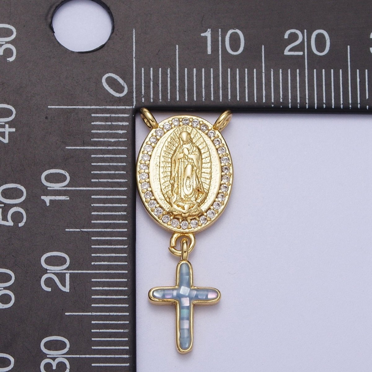 14K Gold Filled Micro Paved Lady Guadalupe Religious Cross Opal Drop Rosary Connector | Y-630~Y-634 - DLUXCA