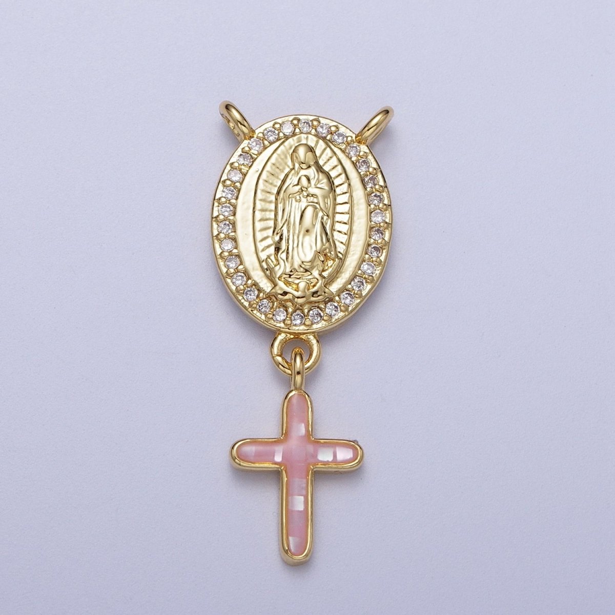 14K Gold Filled Micro Paved Lady Guadalupe Religious Cross Opal Drop Rosary Connector | Y-630~Y-634 - DLUXCA