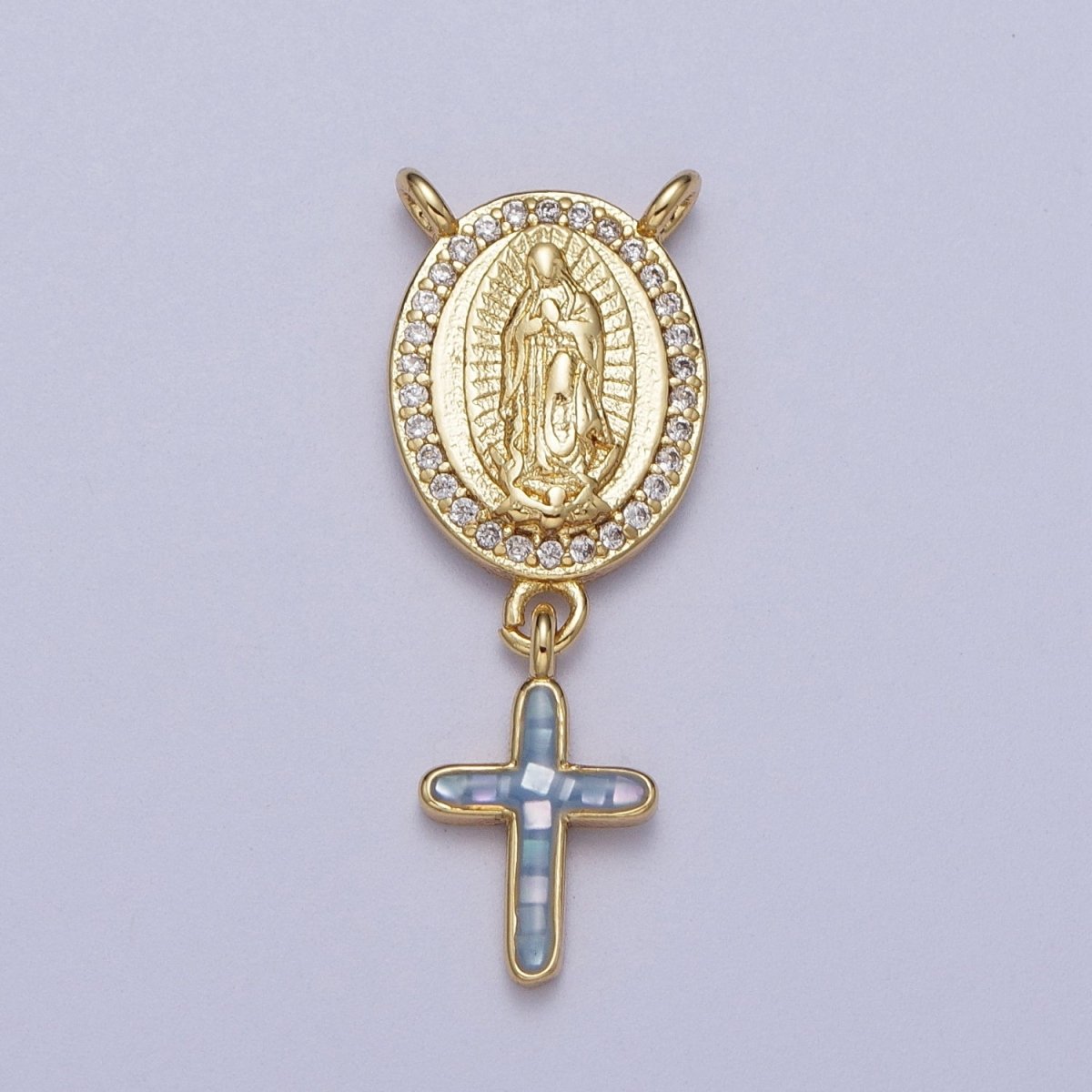 14K Gold Filled Micro Paved Lady Guadalupe Religious Cross Opal Drop Rosary Connector | Y-630~Y-634 - DLUXCA