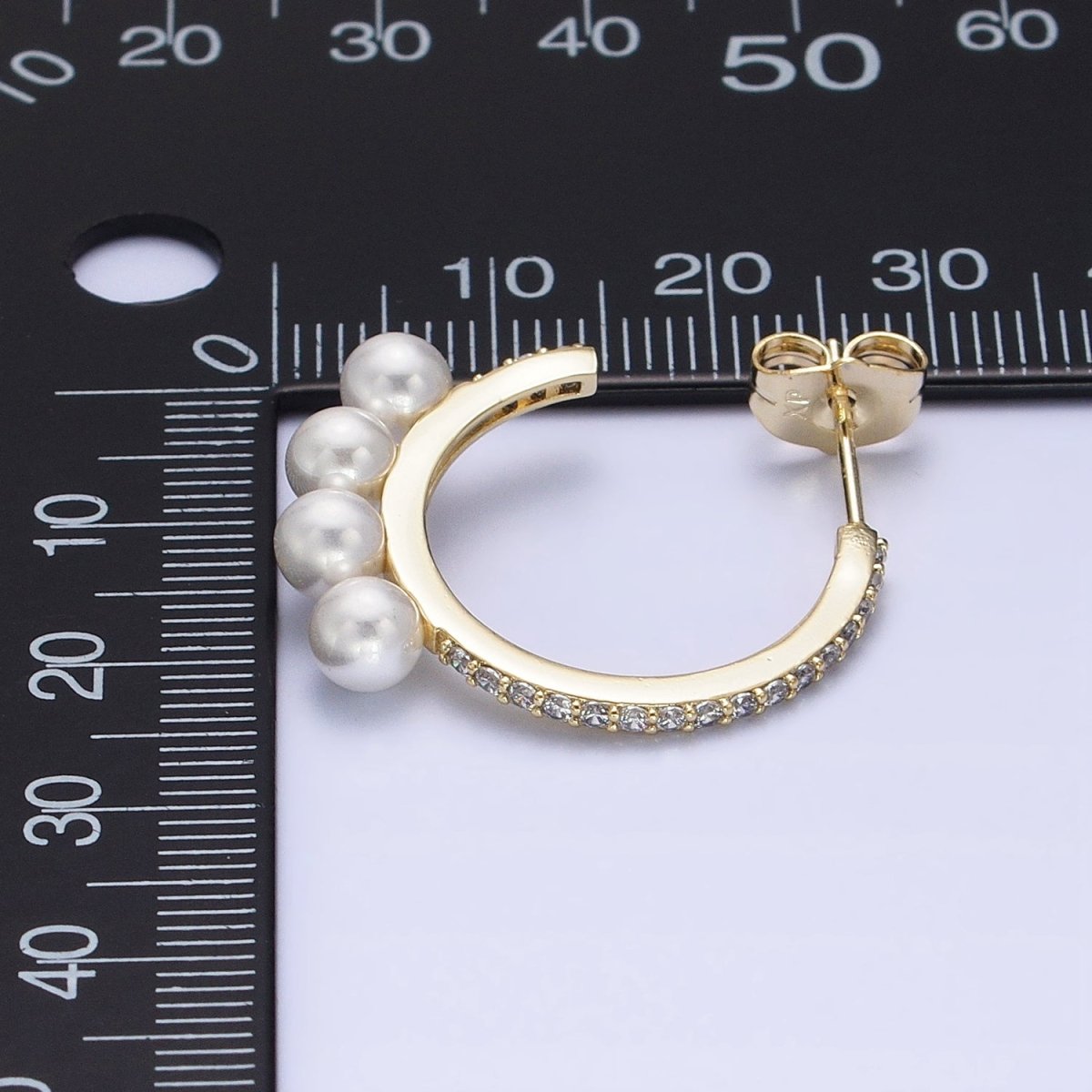 14K Gold Filled Micro Paved Multiple Pearl Lined C-Shaped Hoop Earrings | AD1464 - DLUXCA