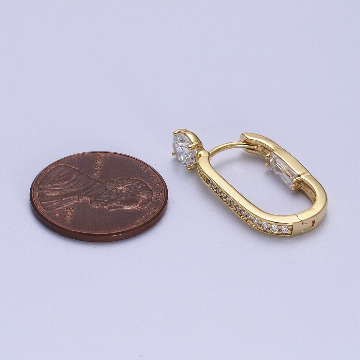 14K Gold Filled Micro Paved Round Baguette CZ Two Sided Oblong Huggie Earrings | V-021 - DLUXCA