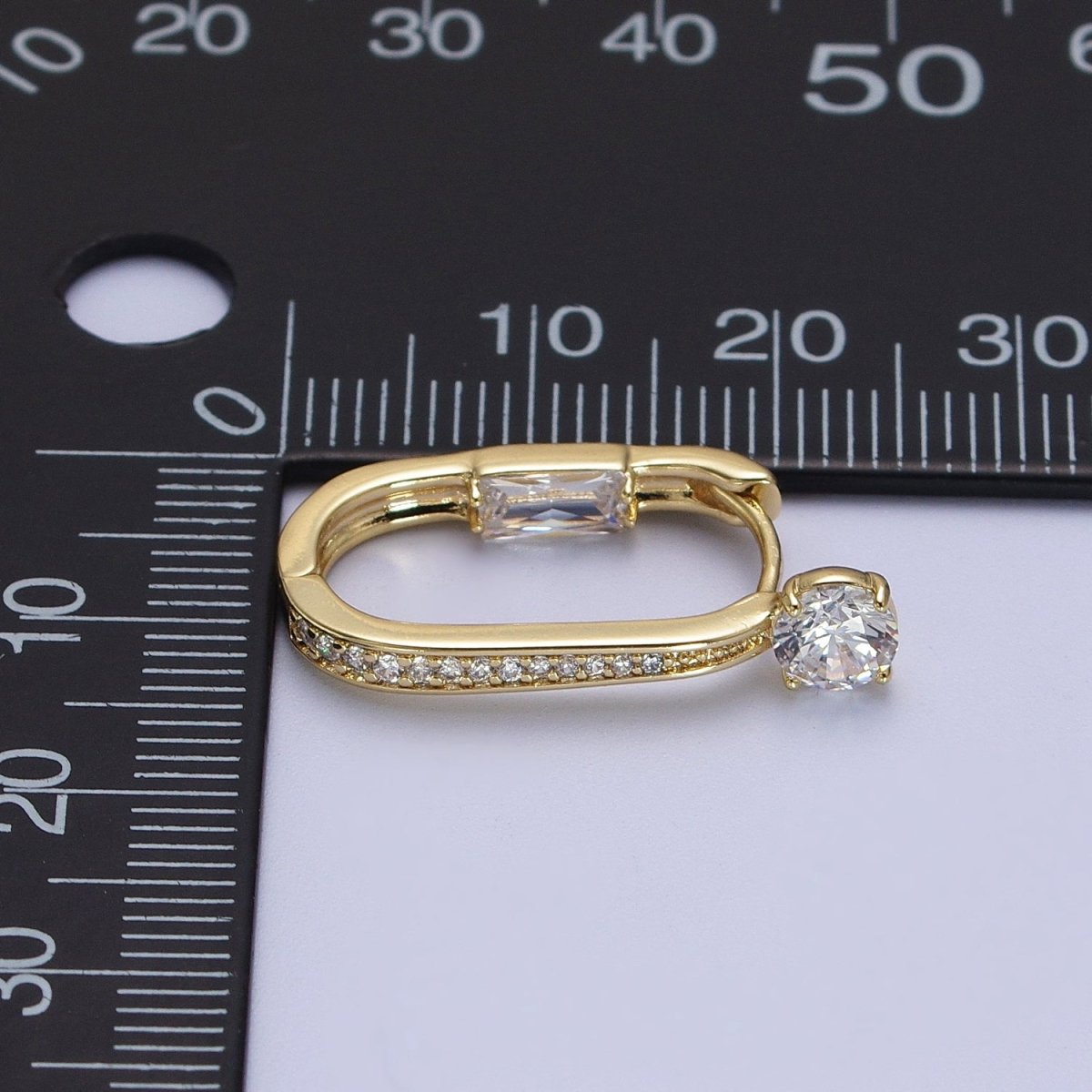 14K Gold Filled Micro Paved Round Baguette CZ Two Sided Oblong Huggie Earrings | V-021 - DLUXCA