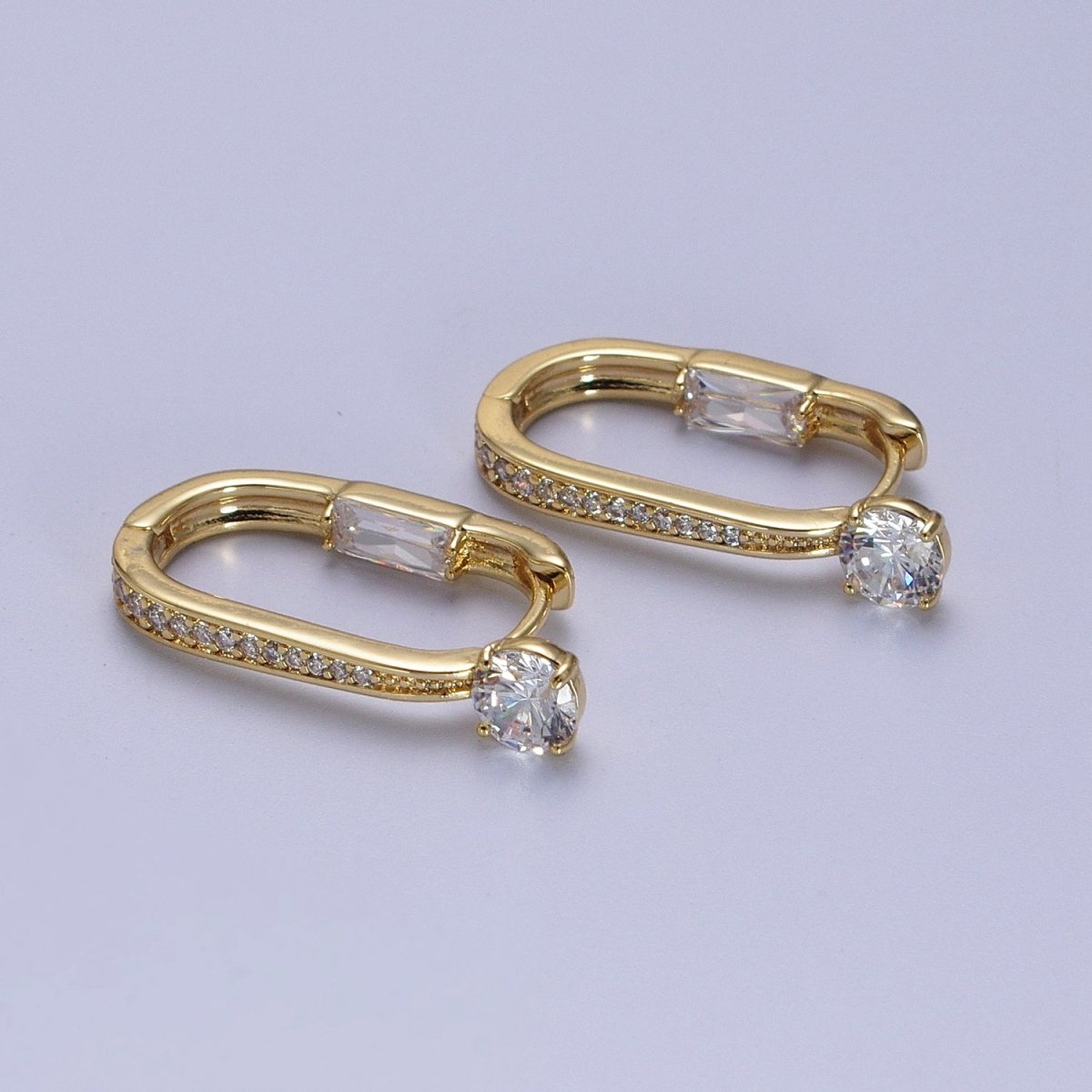 14K Gold Filled Micro Paved Round Baguette CZ Two Sided Oblong Huggie Earrings | V-021 - DLUXCA