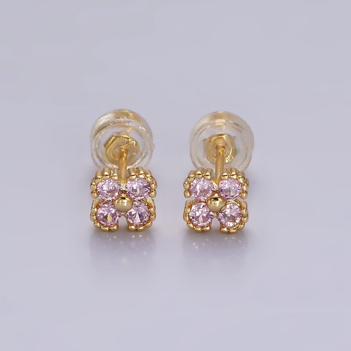 14K Gold Filled Mini Pink, Clear CZ Clover Quatrefoil Stud Earrings in Gold & Silver | AE972 - AE973 - DLUXCA