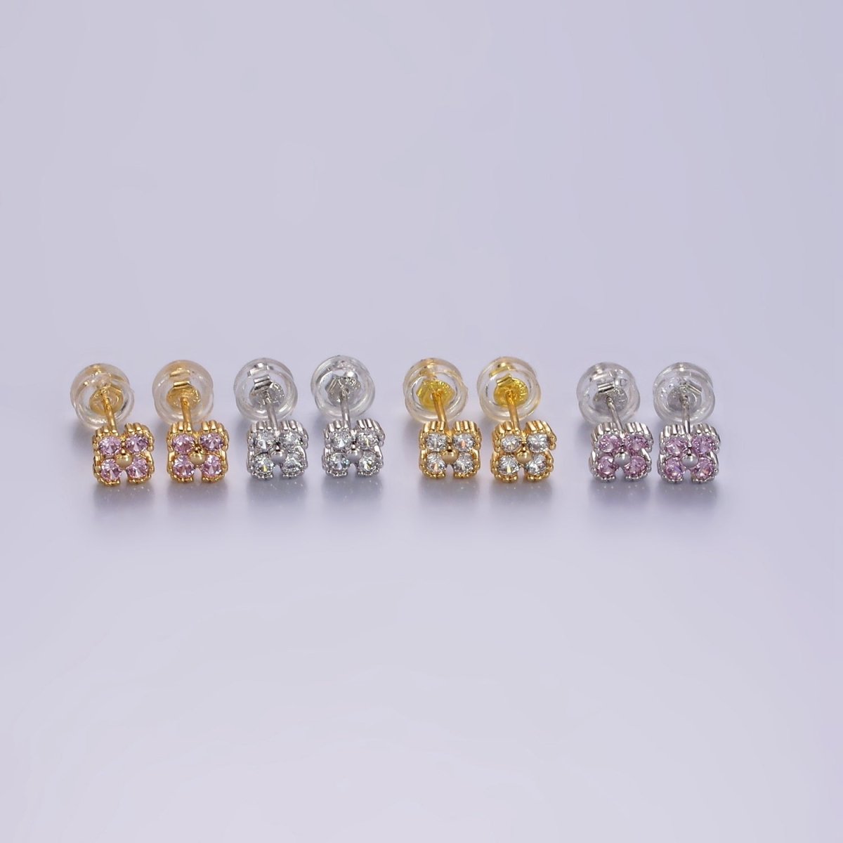 14K Gold Filled Mini Pink, Clear CZ Clover Quatrefoil Stud Earrings in Gold & Silver | AE972 - AE973 - DLUXCA