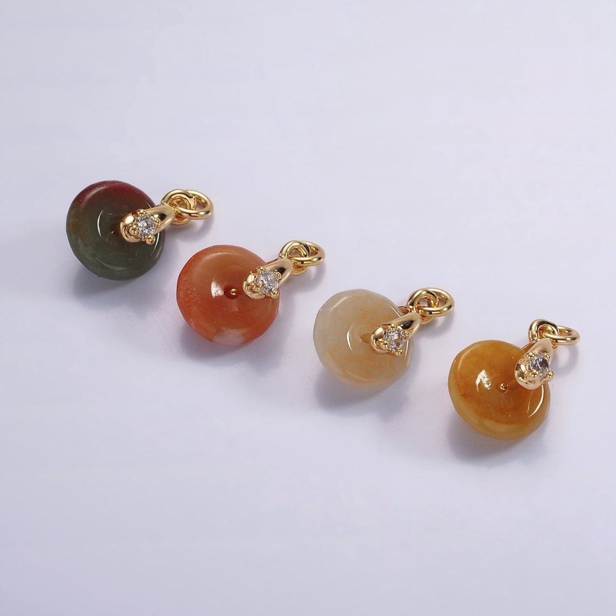 14K Gold Filled Mini Sunstone, Moss Agate, Red Aventurine, Crazy Lace Agate Round Donut CZ Charm | AC823 - AC826 - DLUXCA