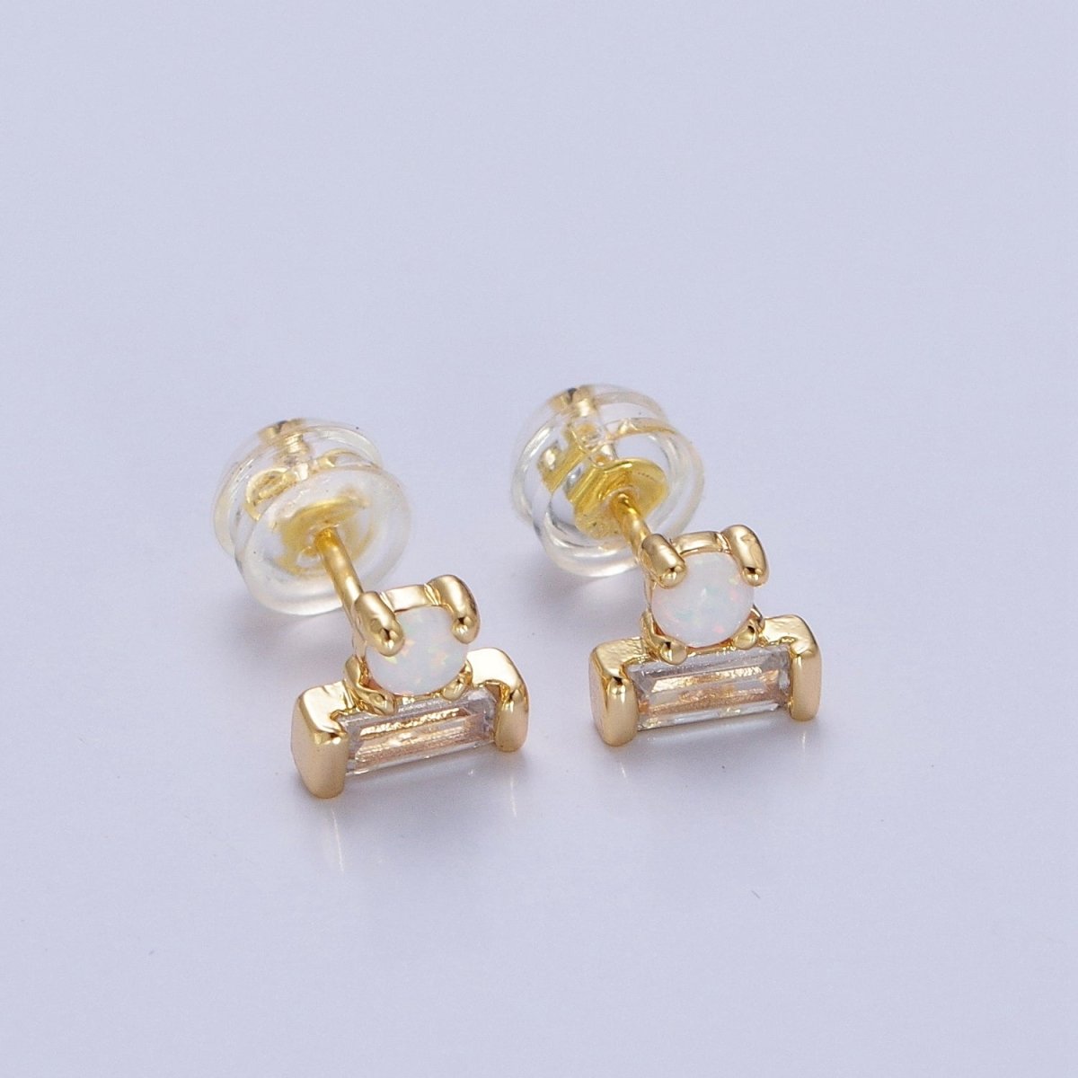 14K Gold Filled Mini White Opal Clear Baguette Stud Earrings | Y-093 - DLUXCA