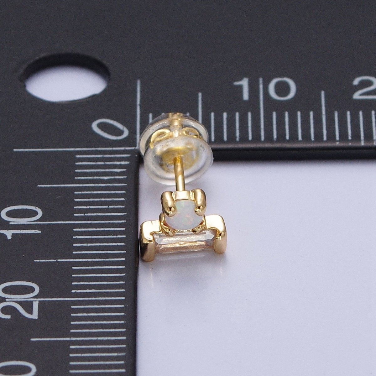 14K Gold Filled Mini White Opal Clear Baguette Stud Earrings | Y-093 - DLUXCA