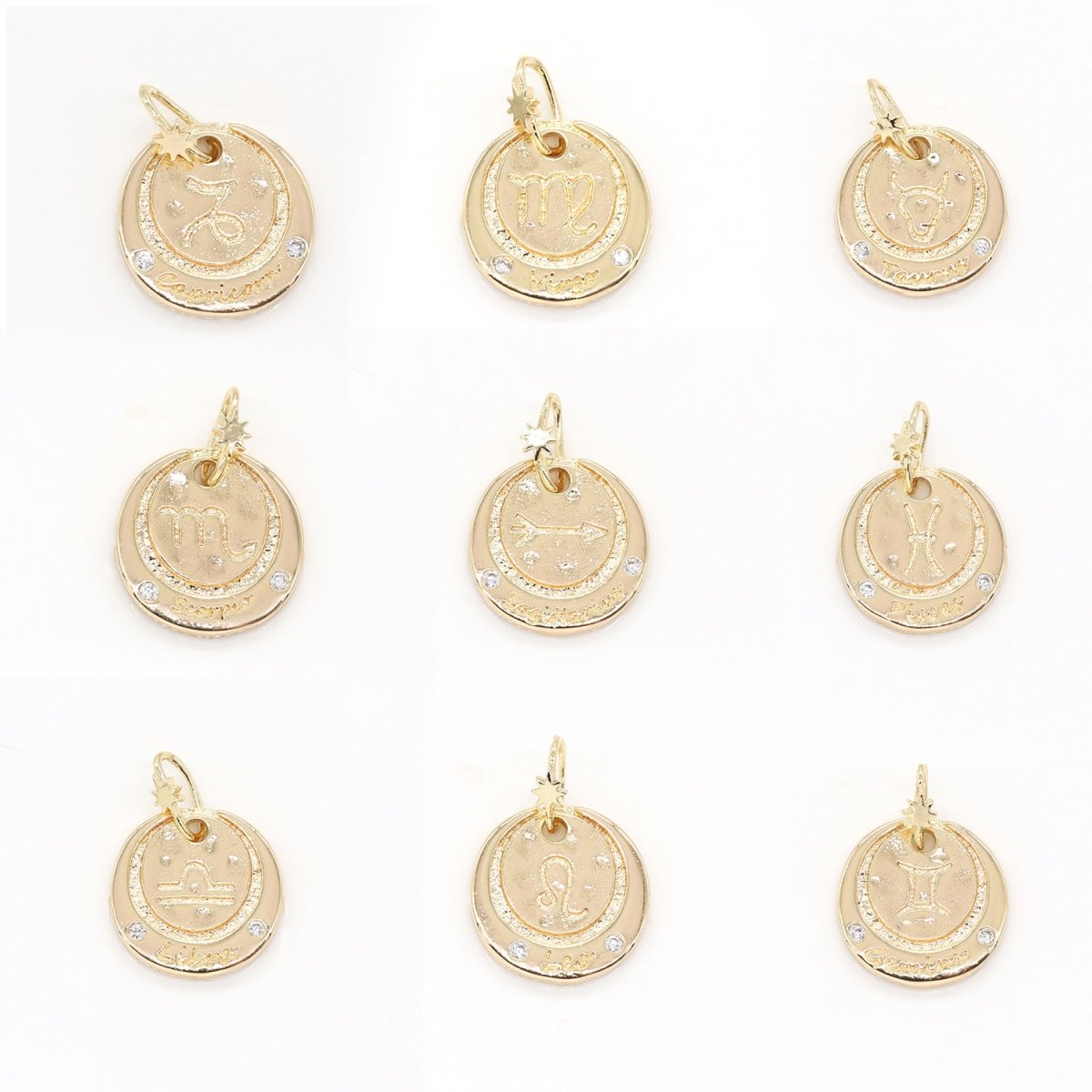 14K Gold Filled Mini Zodiac Horoscope Sign Constellation Medallion Pendant Charm Rustic Coin for Necklace Bracelet Earring Jewelry Making | A-716-A-727 - DLUXCA