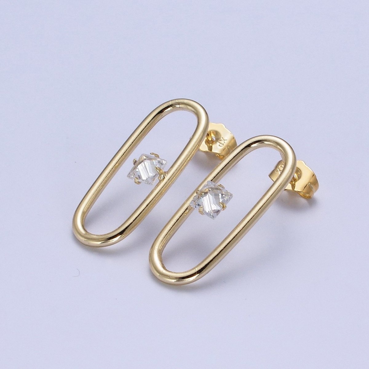 14K Gold Filled Minimalist Stud Earring Oval with Dainty Cubic Zirconia Crystal, Perfect for Everyday Wear or Gift | X913 - DLUXCA