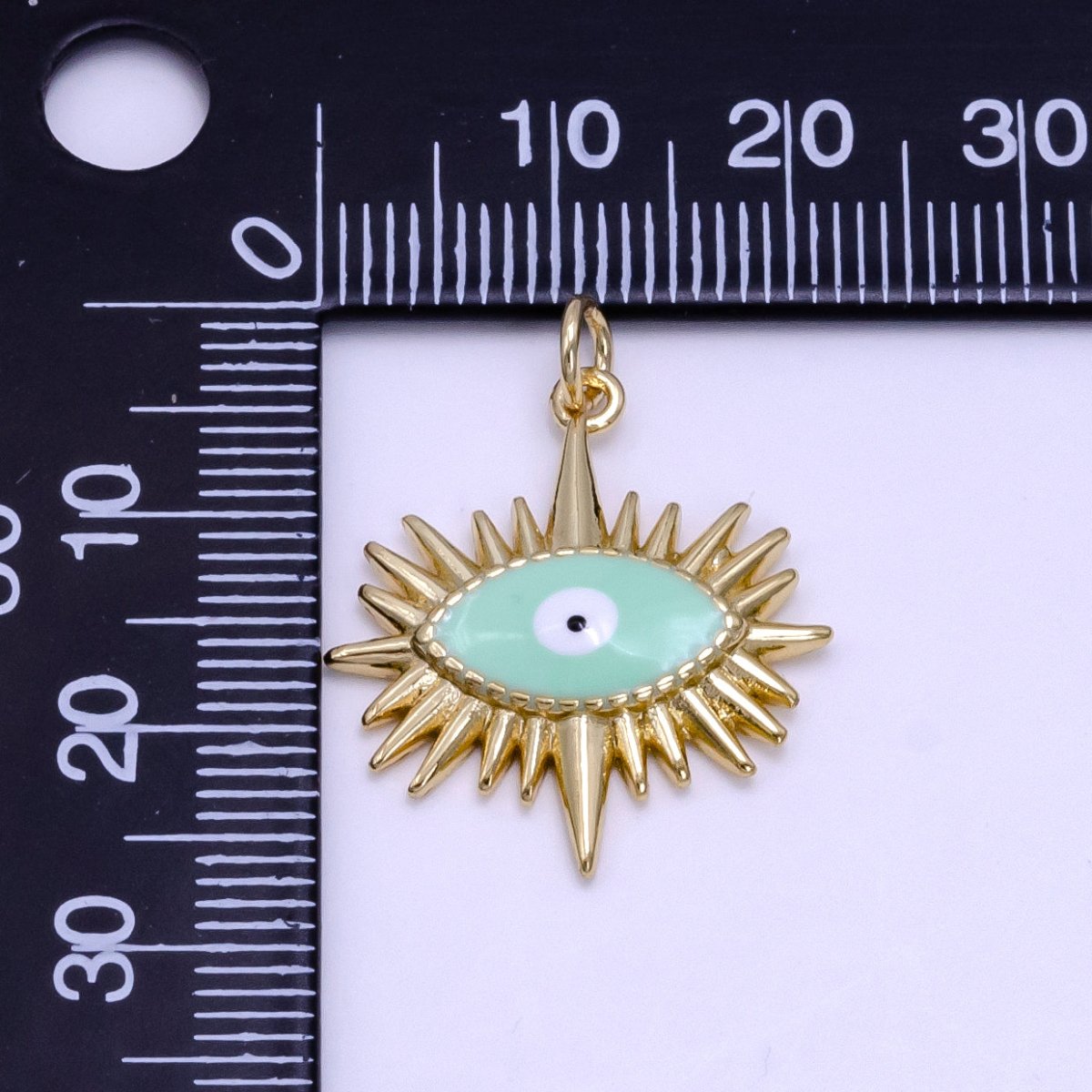 14K Gold Filled Mint Green Enamel Evil Eye Sunburst Charm | AG545 - DLUXCA