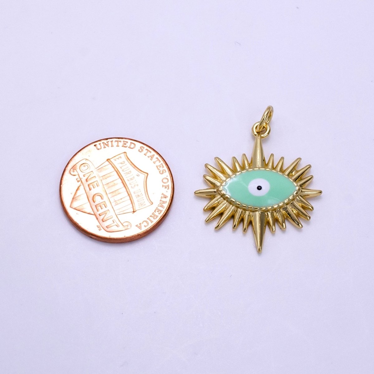 14K Gold Filled Mint Green Enamel Evil Eye Sunburst Charm | AG545 - DLUXCA