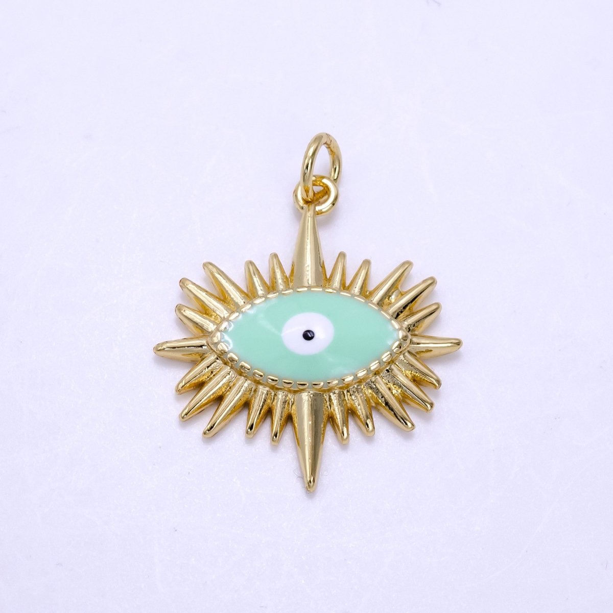 14K Gold Filled Mint Green Enamel Evil Eye Sunburst Charm | AG545 - DLUXCA