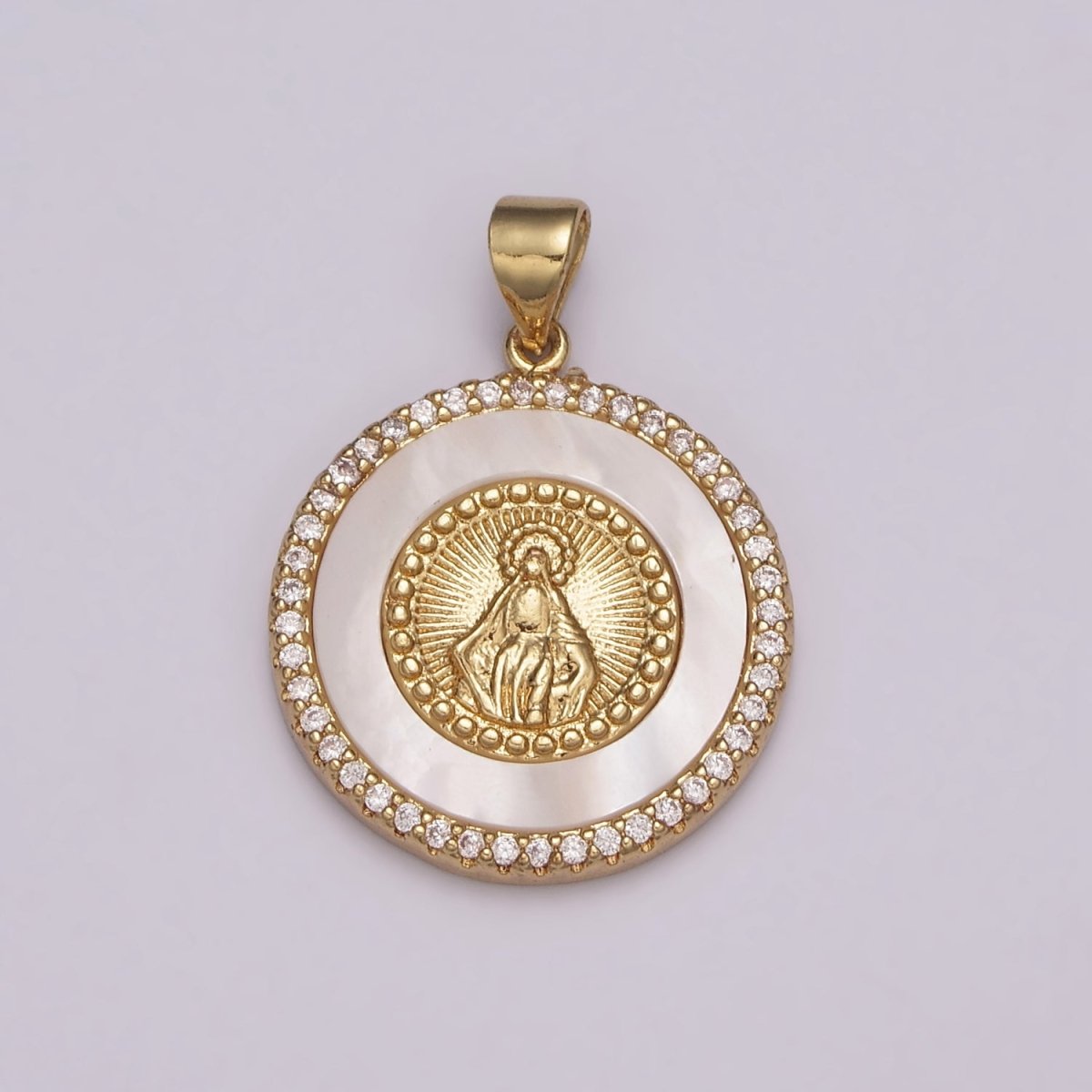 14K Gold Filled Miraculous Lady / Lady Guadalupe Micro Paved CZ Shell Pearl Round Pendant N-532 N-533 - DLUXCA